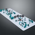 Detailed Blue And Gray Mechanical Parts Models Arranged On White Platform