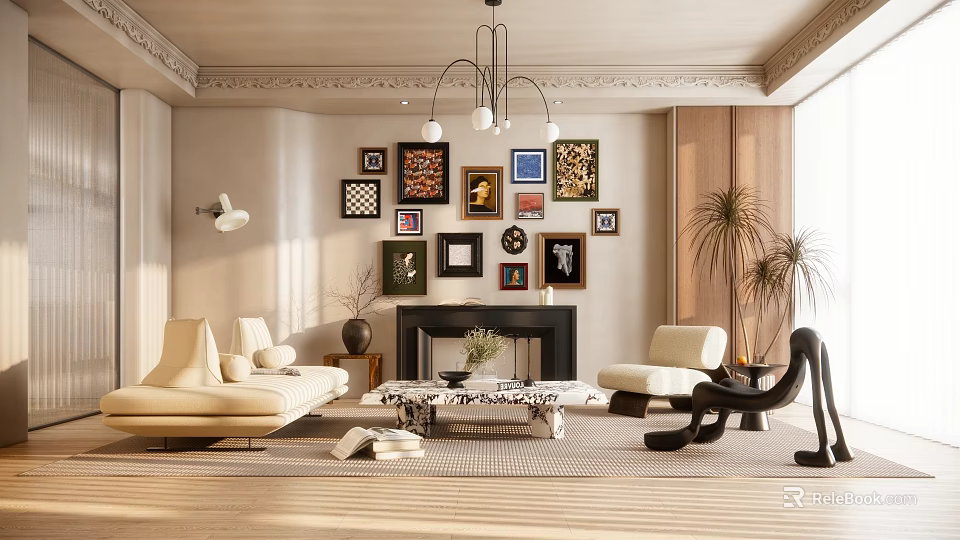 Elegant Living Room Interior With Beige Sofa Coffee Table Fireplace And Gallery Wall 3d model 
