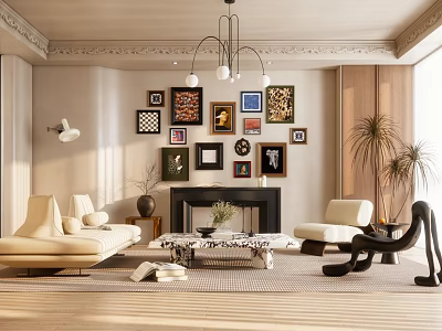 Elegant Living Room Interior With Beige Sofa Coffee Table Fireplace And Gallery Wall 3d model
