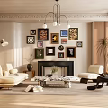 Elegant Living Room Interior With Beige Sofa Coffee Table Fireplace And Gallery Wall