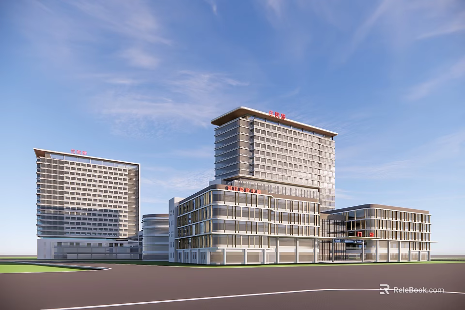 Modern Hospital Building Complex Featuring Glass Facade Red Signage And High Rise 3d model 