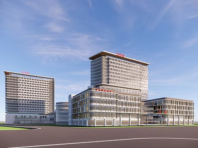 Modern Hospital Building Complex Featuring Glass Facade Red Signage And High Rise 3d model