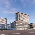Modern Hospital Building Complex Featuring Glass Facade Red Signage And High Rise