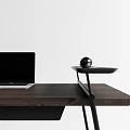 Modern Wooden Desk With Black Frame Laptop And Side Shelf Decorative Ball