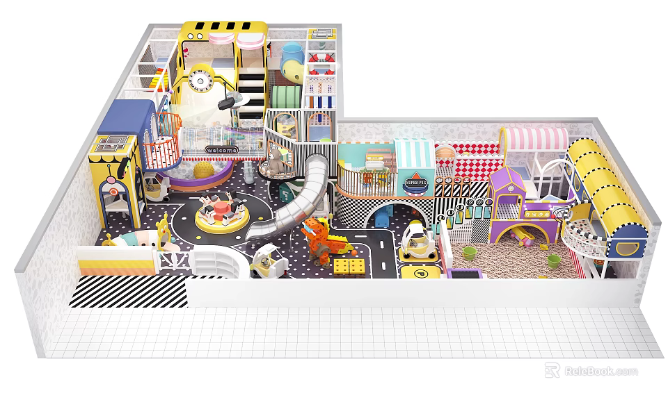 Vibrant Kids Amusement Playground with Spiral Slide Climbing Net Small Stalls and Colorful Decorations 3d model 