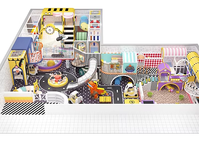 Vibrant Kids Amusement Playground with Spiral Slide Climbing Net Small Stalls and Colorful Decorations 3d model