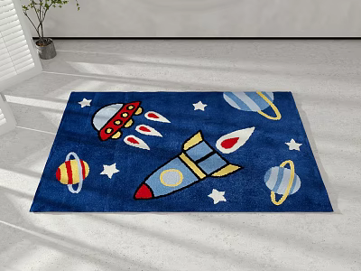 Blue Space themed Square Rug with Rocket Spaceship Planets and Stars 3d model