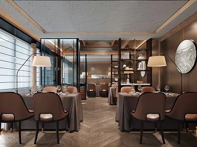 Elegant Modern Restaurant Interior With Dining Tables Brown Chairs Floor Lamps And Round Decorative Mirror 3d model