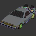 Retro Futuristic Silver Car With Blue Neon Lines And Roof Mounted Gadgets