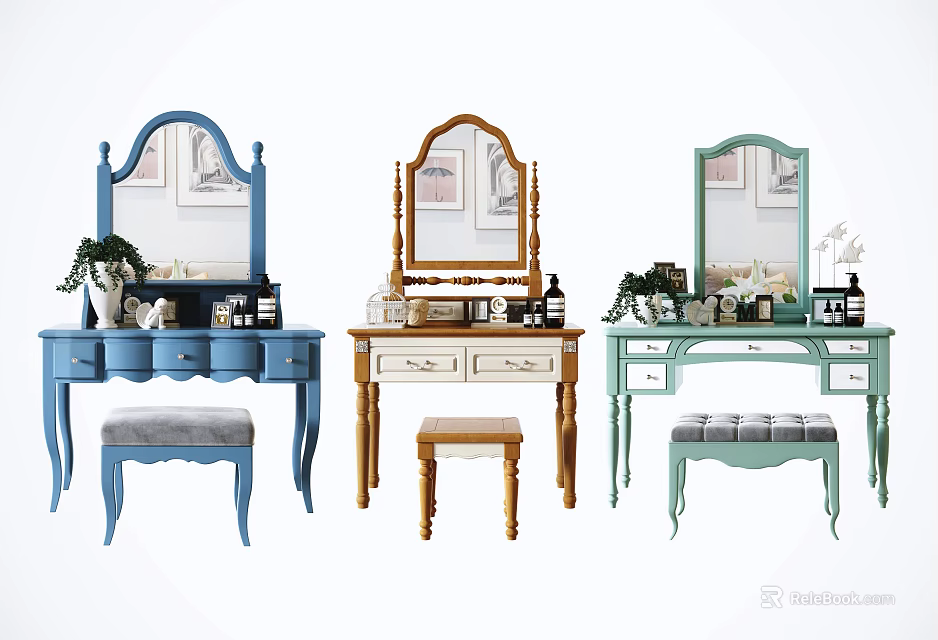Colorful Dressing Tables in Blue Brown Green with Mirrors Decorative Items and Stools 3d model 
