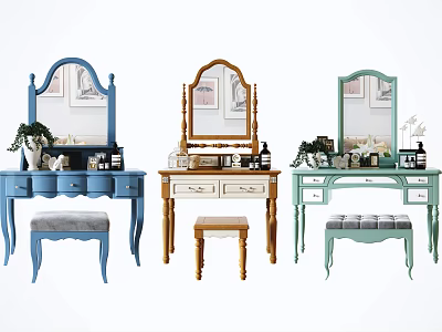 Colorful Dressing Tables in Blue Brown Green with Mirrors Decorative Items and Stools 3d model