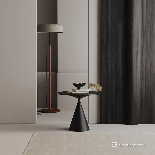 Modern Black Side Table With Pyramid Base And Books Decorative Items Near Floor Lamp Curtains 3d model 