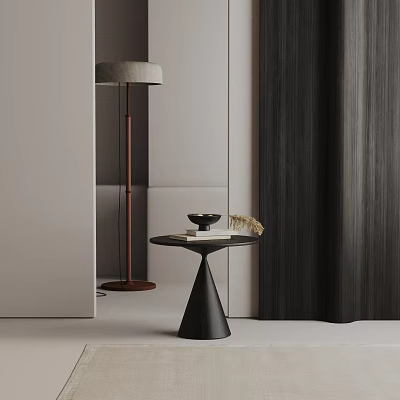 Modern Black Side Table With Pyramid Base And Books Decorative Items Near Floor Lamp Curtains 3d model
