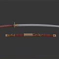 Traditional Samurai Sword With Shiny Silver Blade Red And Gold Decorated Scabbard On Black Surface