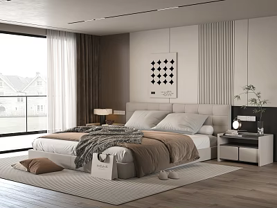 Modern Bedroom Interior With Double Bed White Pillows Brown Blanket Bedside Lamps And Decorative Painting 3d model