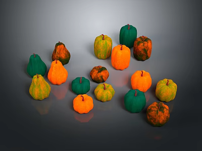 Colorful Pumpkins And Pears Display With Vibrant Green Orange Yellow Hues 3d model