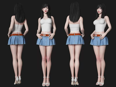 Woman In Four Standing Views Wearing White Top Blue Denim Skirt Brown Belt High Heels 3d model
