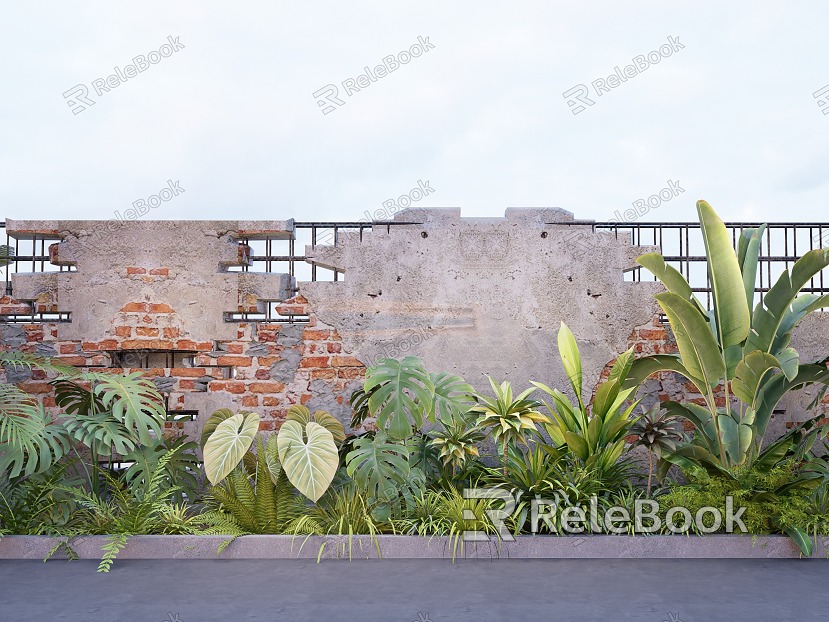 Modern damaged red brick wall dilapidated cement brick wall plant combination green plant pile model