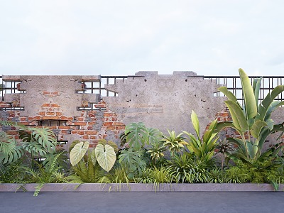 Modern damaged red brick wall dilapidated cement brick wall plant combination green plant pile model