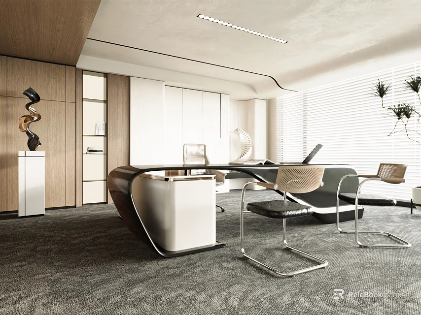 Modern Office Interior With Wooden Desk Leather Chairs And Large Windows 3d model 