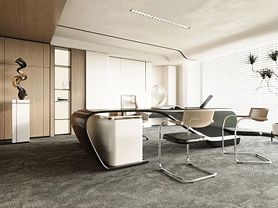 Modern Office Interior With Wooden Desk Leather Chairs And Large Windows 3d model