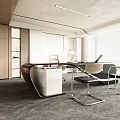 Modern Office Interior With Wooden Desk Leather Chairs And Large Windows