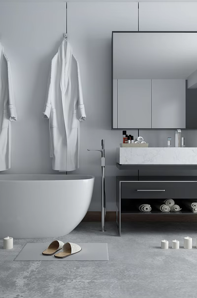 Modern Bathroom Vanity With Large Mirror White Bathtub Hanging Bathrobes Towels And Candles 3d model