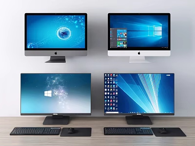 Four Computer Monitors Displaying Various Desktop Backgrounds with Keyboard and Mouse 3d model