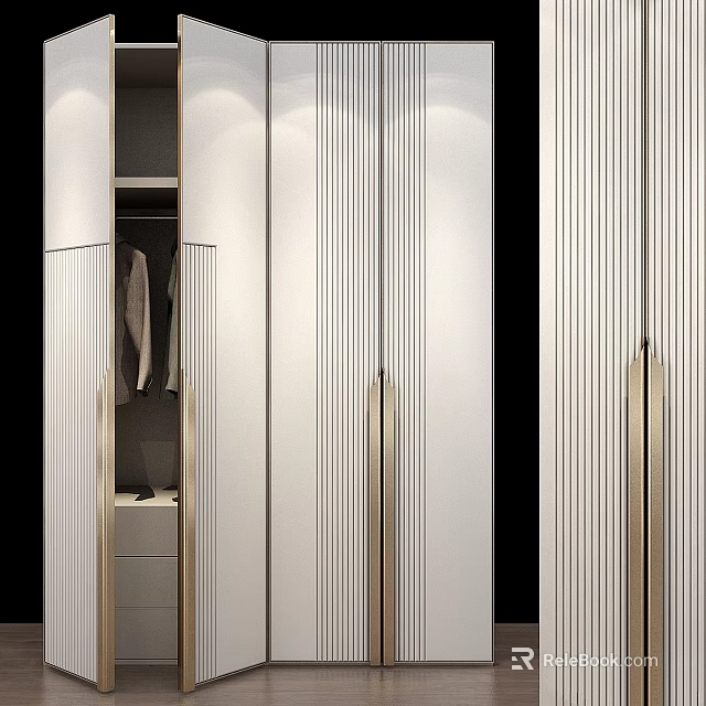 Modern White Storage Cabinet With Vertical Stripes Golden Handles Inside Hanging Clothes And Drawers 3d model 