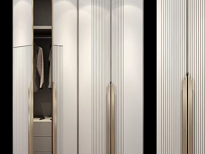 Modern White Storage Cabinet With Vertical Stripes Golden Handles Inside Hanging Clothes And Drawers 3d model
