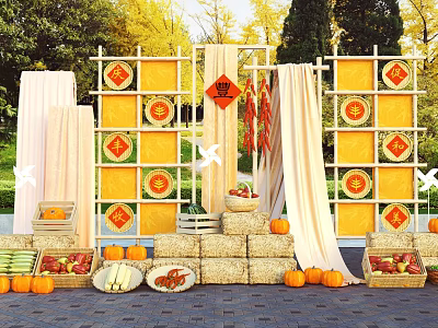 Traditional Chinese Photo Check-in Spot With Red Fortune Characters Yellow Backdrop White Curtains And Pumpkins 3d model