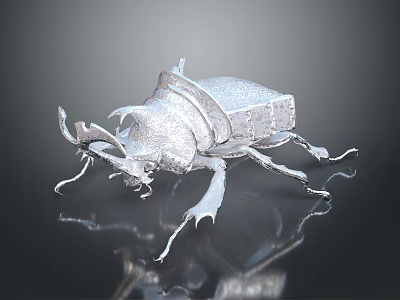 Shiny Silver Beetle Model With Large Horns And Legs On Black Reflective Surface 3d model