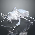Shiny Silver Beetle Model With Large Horns And Legs On Black Reflective Surface