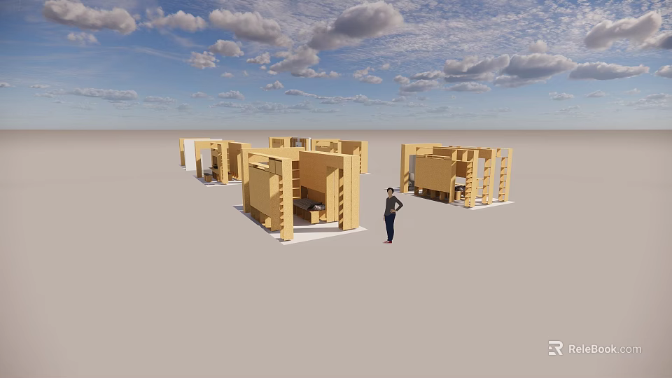 Modern Station Building With Wooden Structures And Person Standing Nearby 3d model 