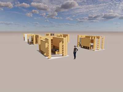 Modern Station Building With Wooden Structures And Person Standing Nearby 3d model