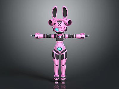 Pink Rabbit Eared Robot Character with Mechanical Arms and Blue Accents 3d model