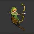 Elven Female Archer Wearing Green Hood Aiming Yellow Bow Arrow