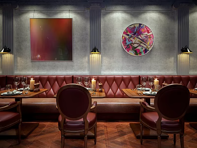 Leather Public Chairs In Restaurant Interior With Decorative Paintings And Table Settings 3d model