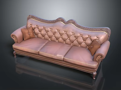 Classic Style Three Seater Sofa With Tufted Design Carved Details And Accent Pillows 3d model