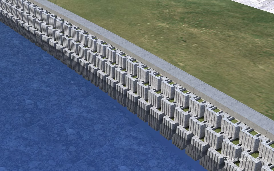 Garden Landscape With Neat Concrete Structures Along Waterfront And Green Grassland 3d model 