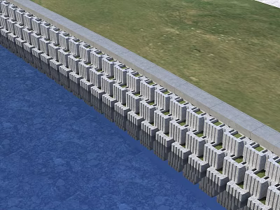 Garden Landscape With Neat Concrete Structures Along Waterfront And Green Grassland 3d model
