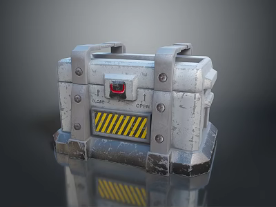 Silver Metal Case With Yellow Black Warning Stripes Red Open Button And Metal Latches 3d model