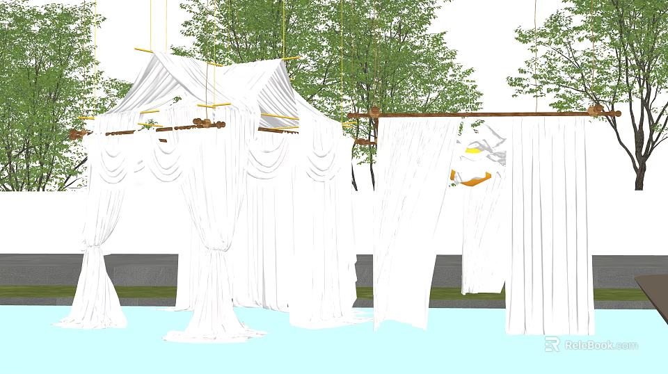 Elegant Ceiling Drapery Setup In Outdoor With Green Trees And Water 3d model 