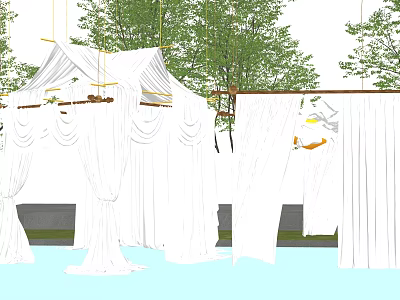 Elegant Ceiling Drapery Setup In Outdoor With Green Trees And Water 3d model