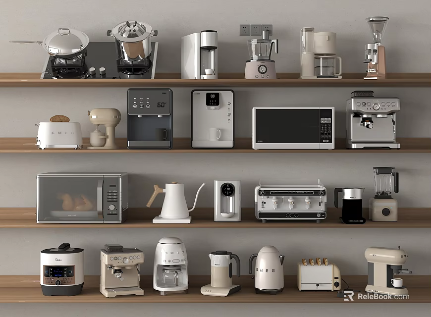 Organized Display of Various Kitchen Appliances on Wooden Shelves 3d model 