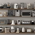 Organized Display of Various Kitchen Appliances on Wooden Shelves