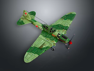 Vintage Military Aircraft Model With Green Camouflage Red Star Emblem On Wings And Propeller 3d model
