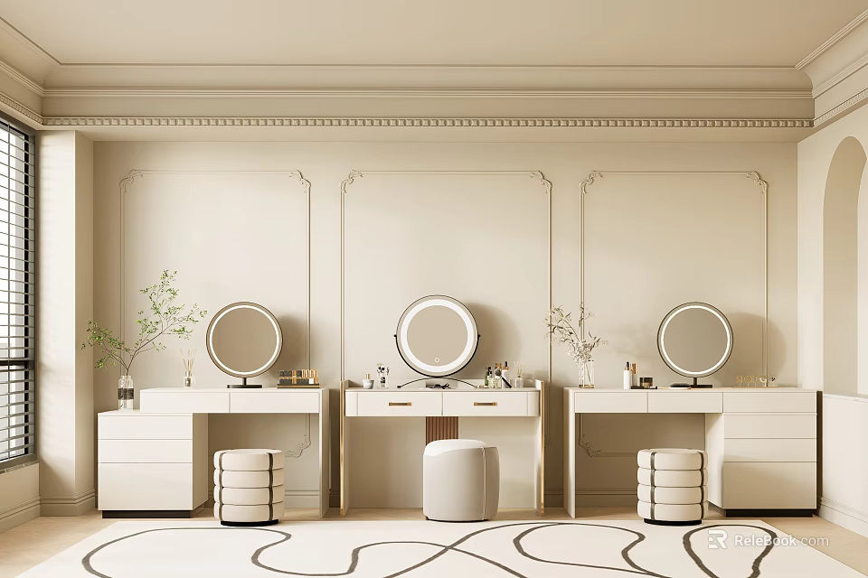 Elegant Three Vanity Tables with Round Mirrors Green Plants and White Stools 3d model 