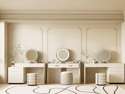 Elegant Three Vanity Tables with Round Mirrors Green Plants and White Stools 3d model