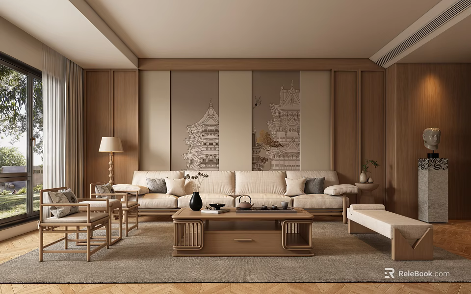 Traditional Chinese Living Room Interior With Wooden Sofa Coffee Table And Ancient Architecture Painting 3d model 